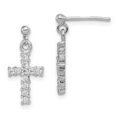 QE12942 Sterling Silver Rhodium-plated Polished CZ Cross Post Dangle Earrings