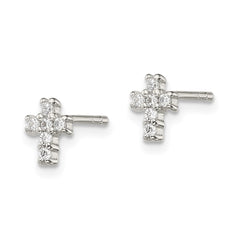 QE12948 Sterling Silver Rhodium-plated Polished CZ Cross Post Earrings