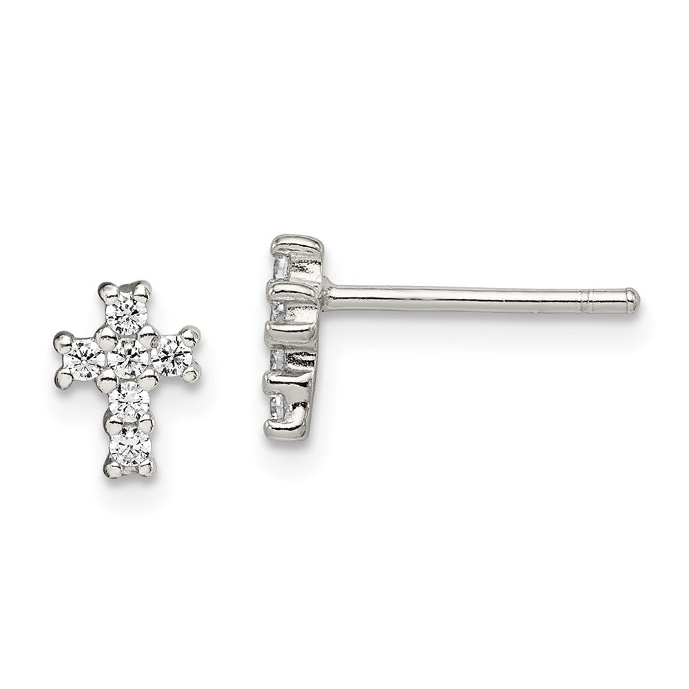QE12948 Sterling Silver Rhodium-plated Polished CZ Cross Post Earrings