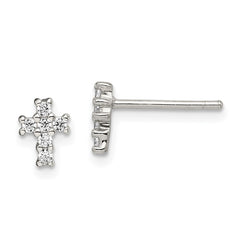 QE12948 Sterling Silver Rhodium-plated Polished CZ Cross Post Earrings