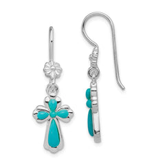 QE12950 Sterling Silver Rhodium-plated Polished Imitation Turquoise Cross & Flower Dangle Earrings