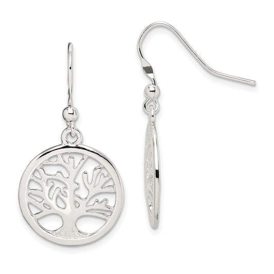 QE12954 Sterling Silver Polished Round Tree Shepherd Hook Earrings