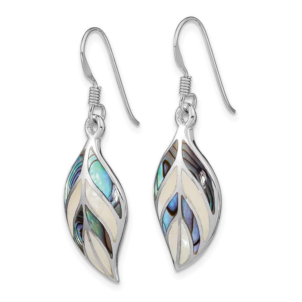 QE12958 Sterling Silver Rhodium Leaf MOP and Abalone Dangle Earrings