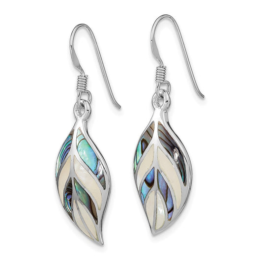 QE12958 Sterling Silver Rhodium Leaf MOP and Abalone Dangle Earrings