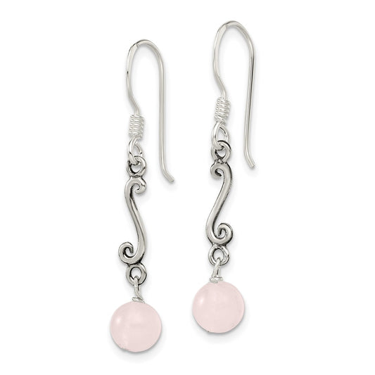 QE1296 Sterling Silver Polished & Antiqued Rose Quartz Swirl Dangle Earrings