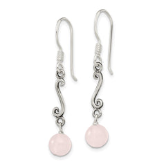 QE1296 Sterling Silver Polished & Antiqued Rose Quartz Swirl Dangle Earrings