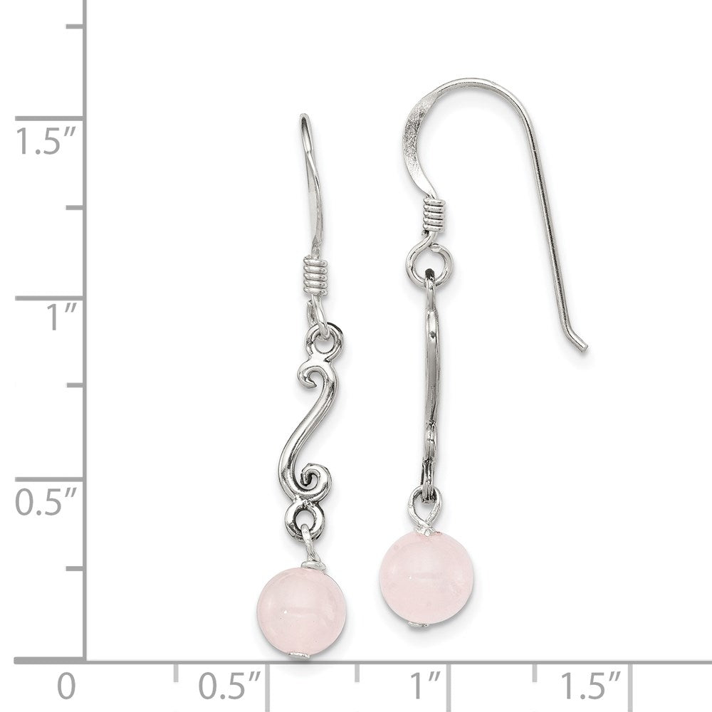 QE1296 Sterling Silver Polished & Antiqued Rose Quartz Swirl Dangle Earrings