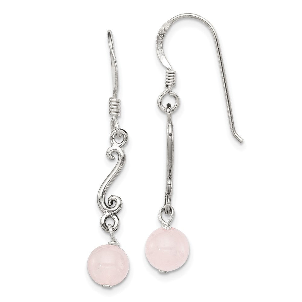QE1296 Sterling Silver Polished & Antiqued Rose Quartz Swirl Dangle Earrings