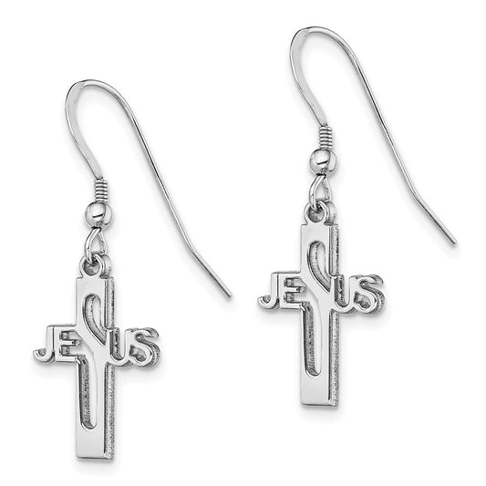 QE12978 Sterling Silver Rhodium-plated Polished JESUS Cross Dangle Earrings