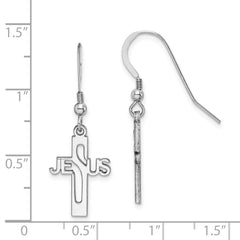 QE12978 Sterling Silver Rhodium-plated Polished JESUS Cross Dangle Earrings