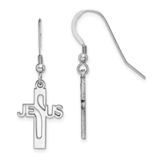 QE12978 Sterling Silver Rhodium-plated Polished JESUS Cross Dangle Earrings