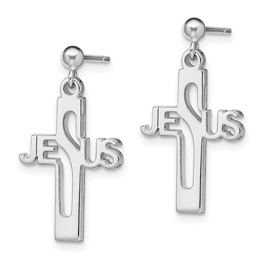 QE12979 Sterling Silver Rhod-plated Polished JESUS Cross Post Dangle Earrings