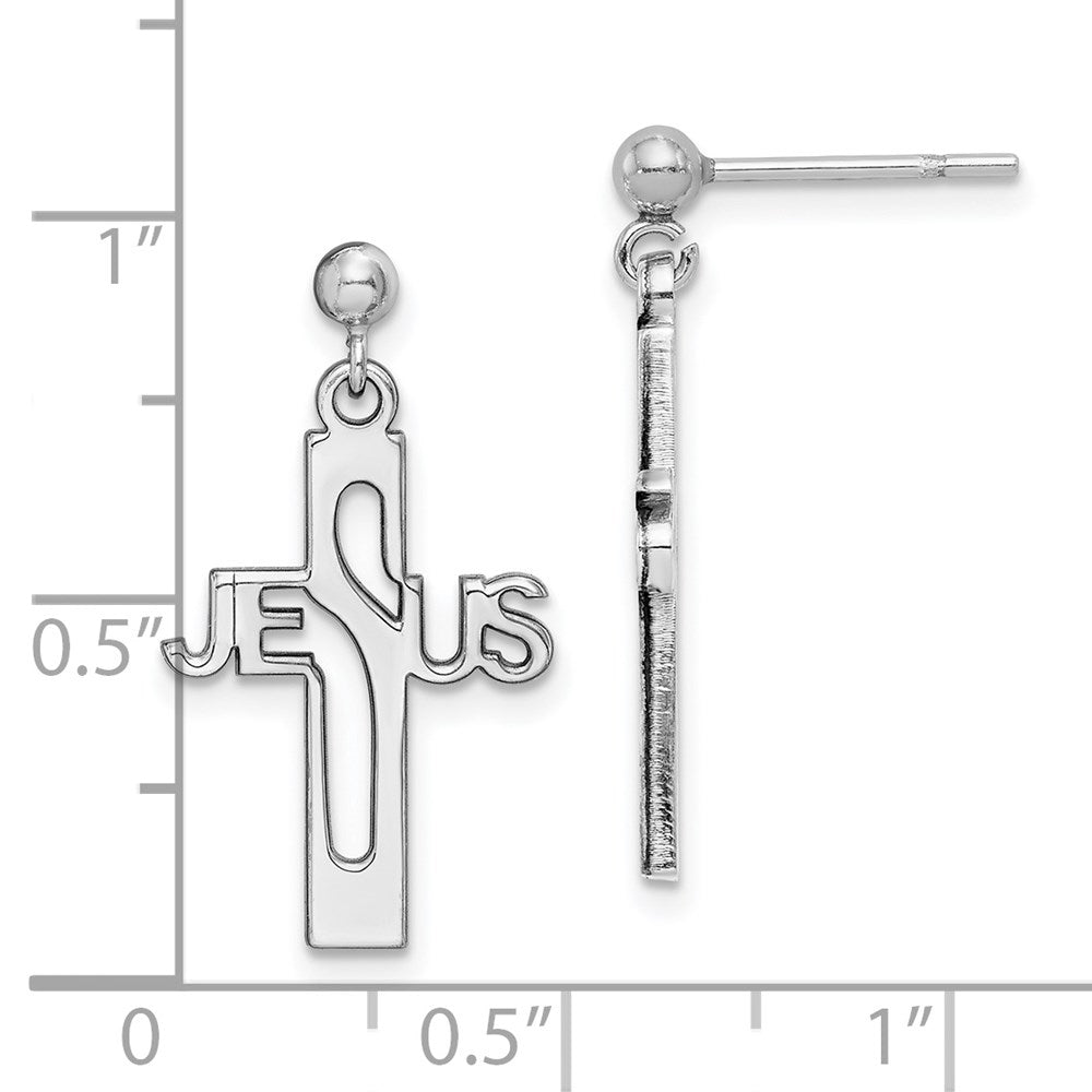QE12979 Sterling Silver Rhod-plated Polished JESUS Cross Post Dangle Earrings