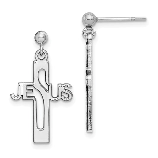 QE12979 Sterling Silver Rhod-plated Polished JESUS Cross Post Dangle Earrings