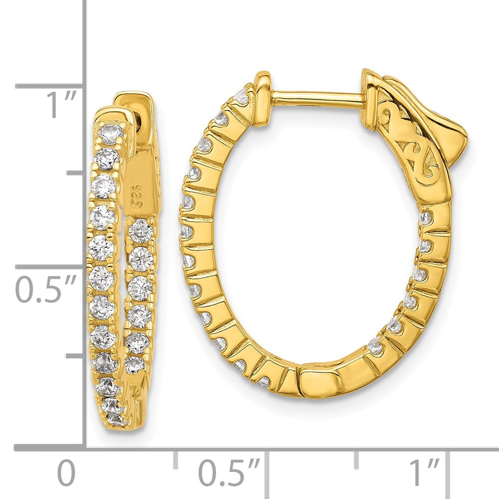 QE12989Y Sterling Shimmer Sterling Silver Gold-tone Flash Gold-plated 1.7mm CZ 36 Stone Oval In and Out Hinged Hoop Earrings