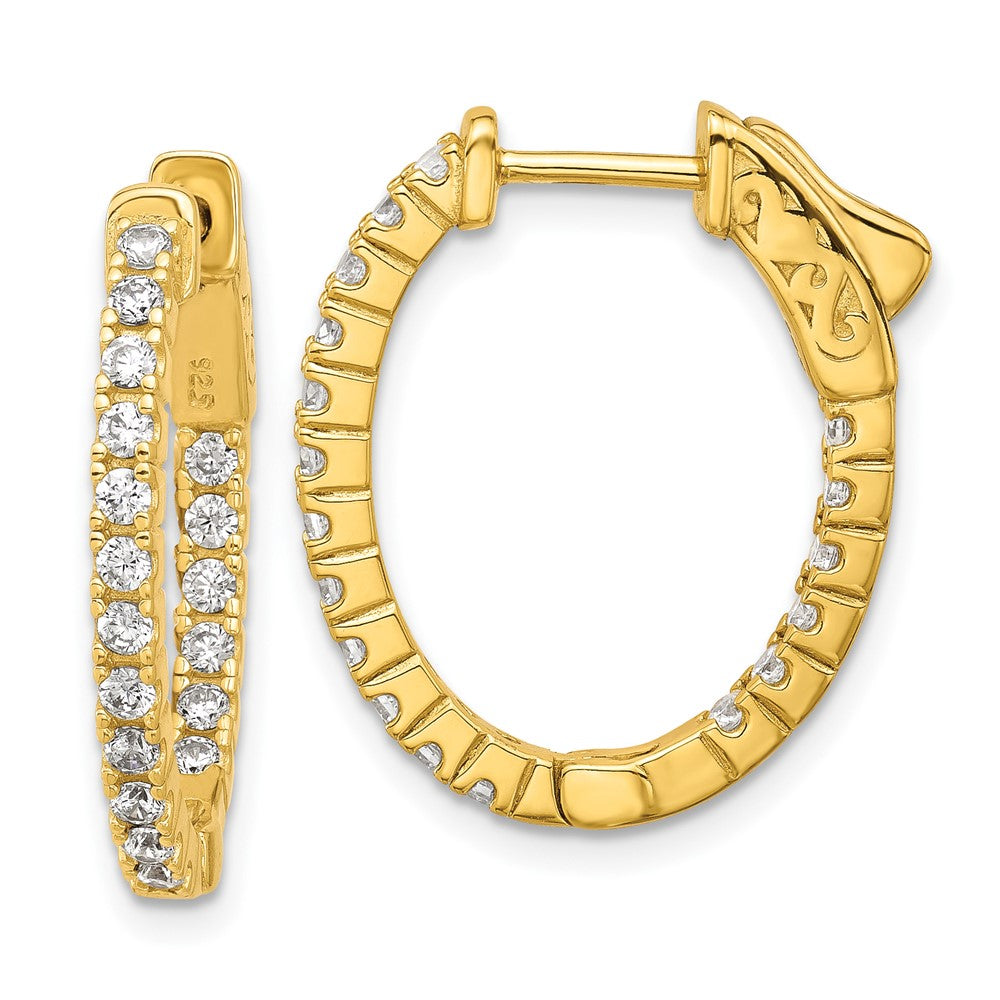QE12989Y Sterling Shimmer Sterling Silver Gold-tone Flash Gold-plated 1.7mm CZ 36 Stone Oval In and Out Hinged Hoop Earrings