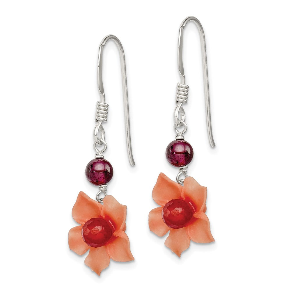 QE1300 Sterling Silver Polished Garnet & Carnelian Flower Dangle Earrings