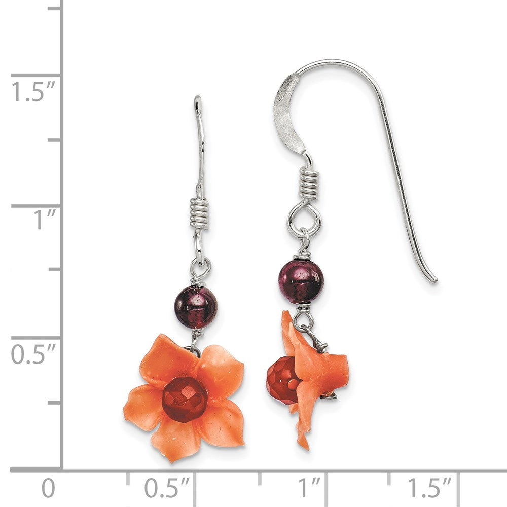 QE1300 Sterling Silver Polished Garnet & Carnelian Flower Dangle Earrings