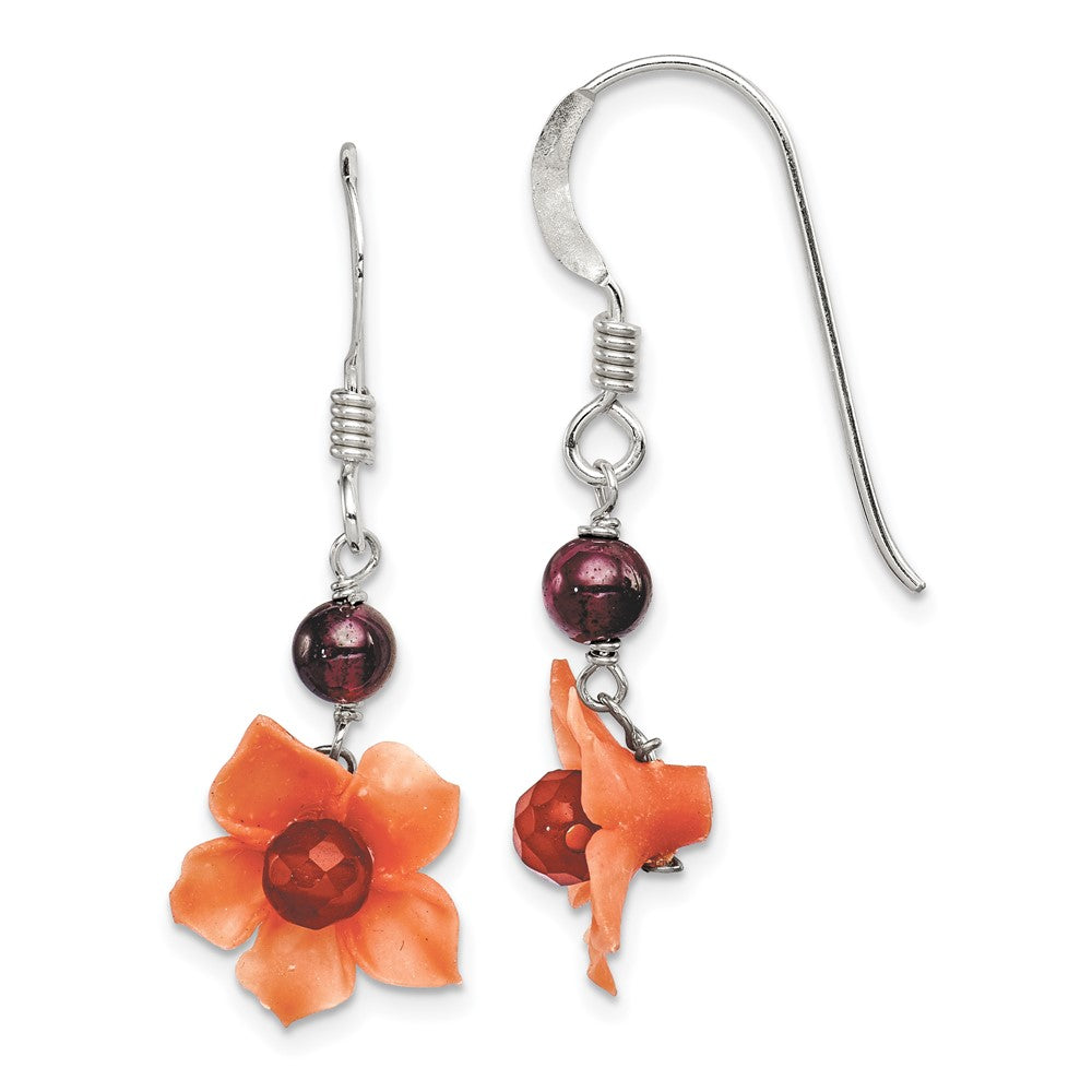 QE1300 Sterling Silver Polished Garnet & Carnelian Flower Dangle Earrings
