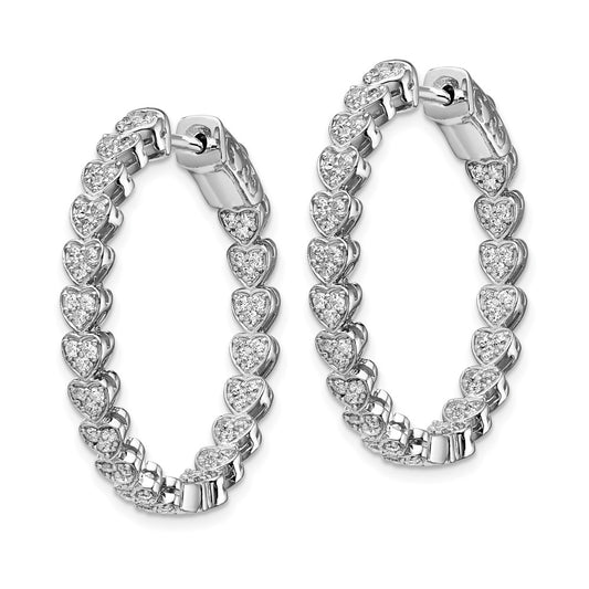QE13015 Sterling Shimmer Sterling Silver Rhodium-plated 120 Stone Heart Shaped 1.2mm CZ In and Out Round Hinged Hoop Earrings