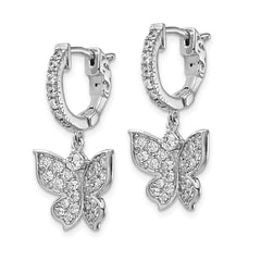 QE13021 Sterling Shimmer Sterling Silver Rhodium-plated 58 Stone CZ Butterfly Dangle Hinged Hoop Earrings