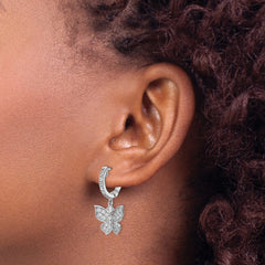 QE13021 Sterling Shimmer Sterling Silver Rhodium-plated 58 Stone CZ Butterfly Dangle Hinged Hoop Earrings