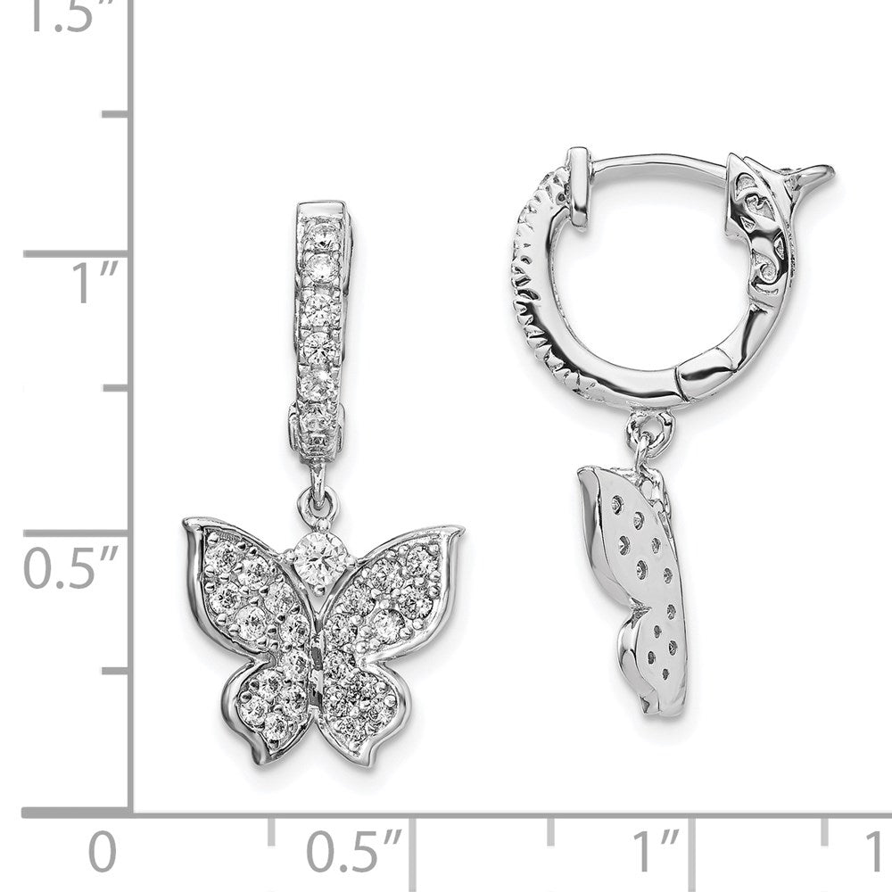 QE13021 Sterling Shimmer Sterling Silver Rhodium-plated 58 Stone CZ Butterfly Dangle Hinged Hoop Earrings