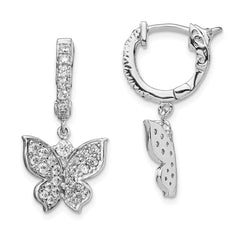 QE13021 Sterling Shimmer Sterling Silver Rhodium-plated 58 Stone CZ Butterfly Dangle Hinged Hoop Earrings