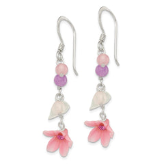 QE1306 Sterling Silver Polished Amethyst, Agate, Blue Topaz, Pink CZ & Resin Flower Dangle Earrings