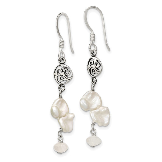 QE13082 Sterling Silver Polished White 5-9mm Baroque Freshwater Cultured Pearl and Moonstone Fancy Dangle Earrings
