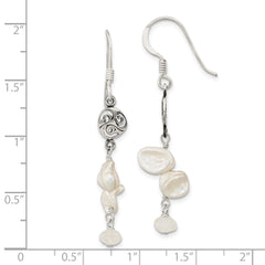 QE13082 Sterling Silver Polished White 5-9mm Baroque Freshwater Cultured Pearl and Moonstone Fancy Dangle Earrings