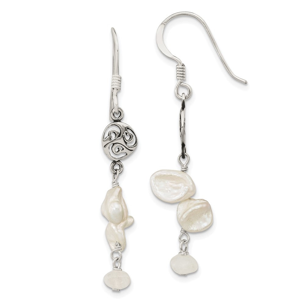 QE13082 Sterling Silver Polished White 5-9mm Baroque Freshwater Cultured Pearl and Moonstone Fancy Dangle Earrings