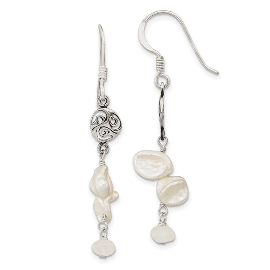 QE13082 Sterling Silver Polished White 5-9mm Baroque Freshwater Cultured Pearl and Moonstone Fancy Dangle Earrings