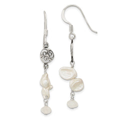 QE13082 Sterling Silver Polished White 5-9mm Baroque Freshwater Cultured Pearl and Moonstone Fancy Dangle Earrings