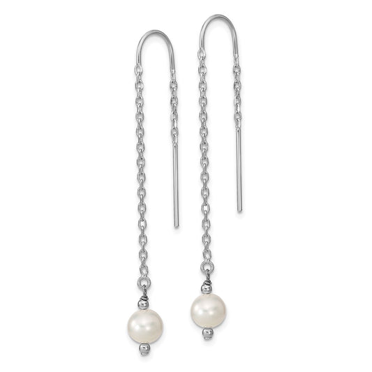 QE13083 Sterling Silver Rhodium-plated 6-7mm White Semi-Round Freshwater Cultured Pearl Threader Earrings