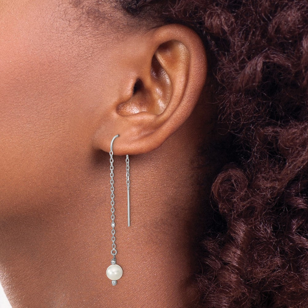 QE13083 Sterling Silver Rhodium-plated 6-7mm White Semi-Round Freshwater Cultured Pearl Threader Earrings