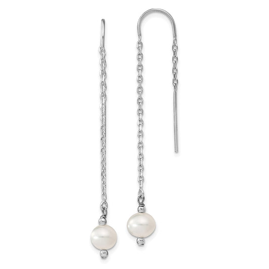 QE13083 Sterling Silver Rhodium-plated 6-7mm White Semi-Round Freshwater Cultured Pearl Threader Earrings