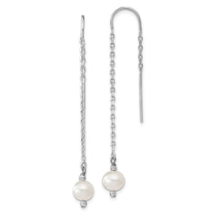 QE13083 Sterling Silver Rhodium-plated 6-7mm White Semi-Round Freshwater Cultured Pearl Threader Earrings
