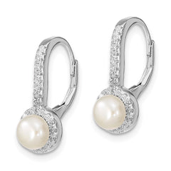QE13086 Sterling Silver Rhodium-plated 5-6mm White Button Freshwater Cultured Pearl and CZ Halo Leverback Dangle Earrings
