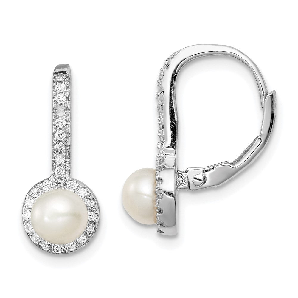 QE13086 Sterling Silver Rhodium-plated 5-6mm White Button Freshwater Cultured Pearl and CZ Halo Leverback Dangle Earrings