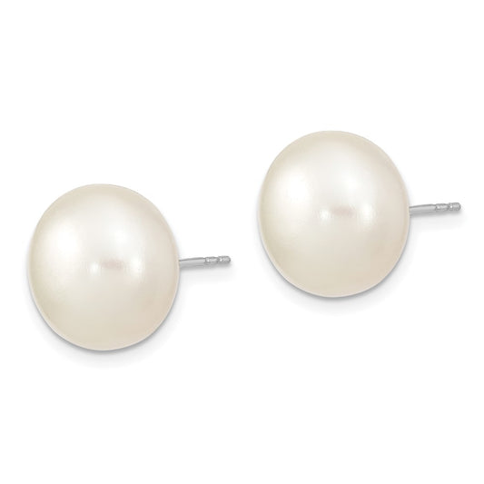 QE13093 Sterling Silver Rhodium-plated 13-14mm White Button Freshwater Cultured Pearl Post Earrings