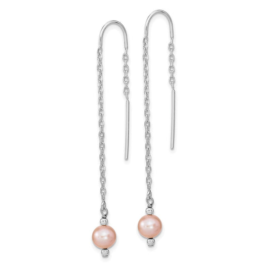 QE13094 Sterling Silver Rhodium-plated 6-7mm Pink Semi-Round Freshwater Cultured Pearl Threader Earrings