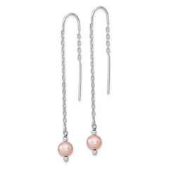 QE13094 Sterling Silver Rhodium-plated 6-7mm Pink Semi-Round Freshwater Cultured Pearl Threader Earrings
