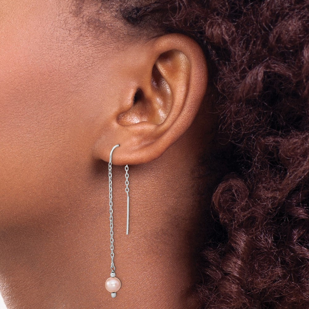 QE13094 Sterling Silver Rhodium-plated 6-7mm Pink Semi-Round Freshwater Cultured Pearl Threader Earrings