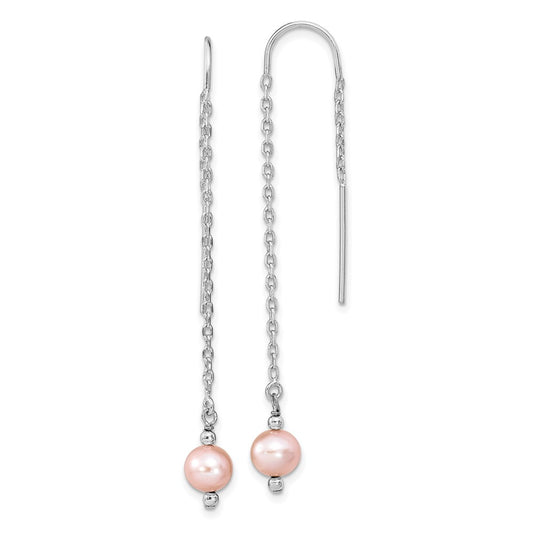 QE13094 Sterling Silver Rhodium-plated 6-7mm Pink Semi-Round Freshwater Cultured Pearl Threader Earrings