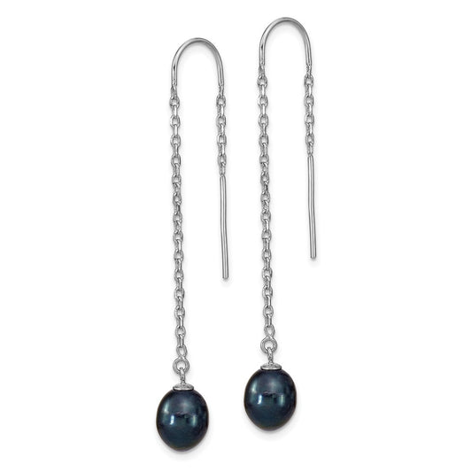 QE13099 Sterling Silver Rhodium-plated 7-8mm Black Teardrop Freshwater Cultured Pearl Threader Earrings