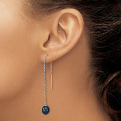QE13099 Sterling Silver Rhodium-plated 7-8mm Black Teardrop Freshwater Cultured Pearl Threader Earrings