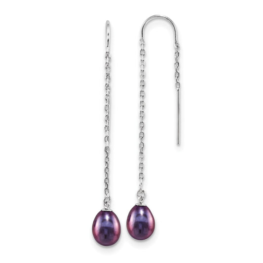 QE13099 Sterling Silver Rhodium-plated 7-8mm Black Teardrop Freshwater Cultured Pearl Threader Earrings