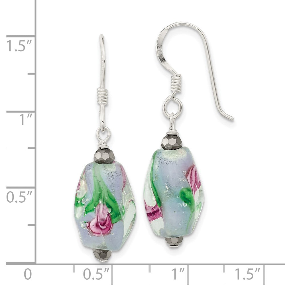 QE13115 Sterling Silver Polished Hematite & Abstract Glass Dangle Earrings