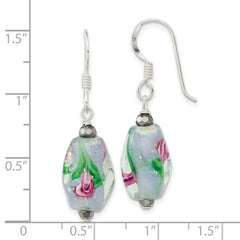 QE13115 Sterling Silver Polished Hematite & Abstract Glass Dangle Earrings